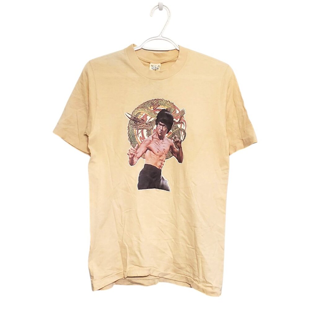 Vintage 70s Bruce Lee Dragon graphic shirt tan size M